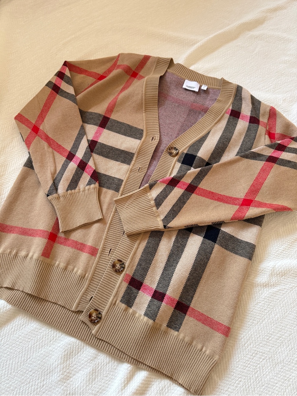 Burberry Beige Plaid V-Neck Cardigan with Red & Black Stripes